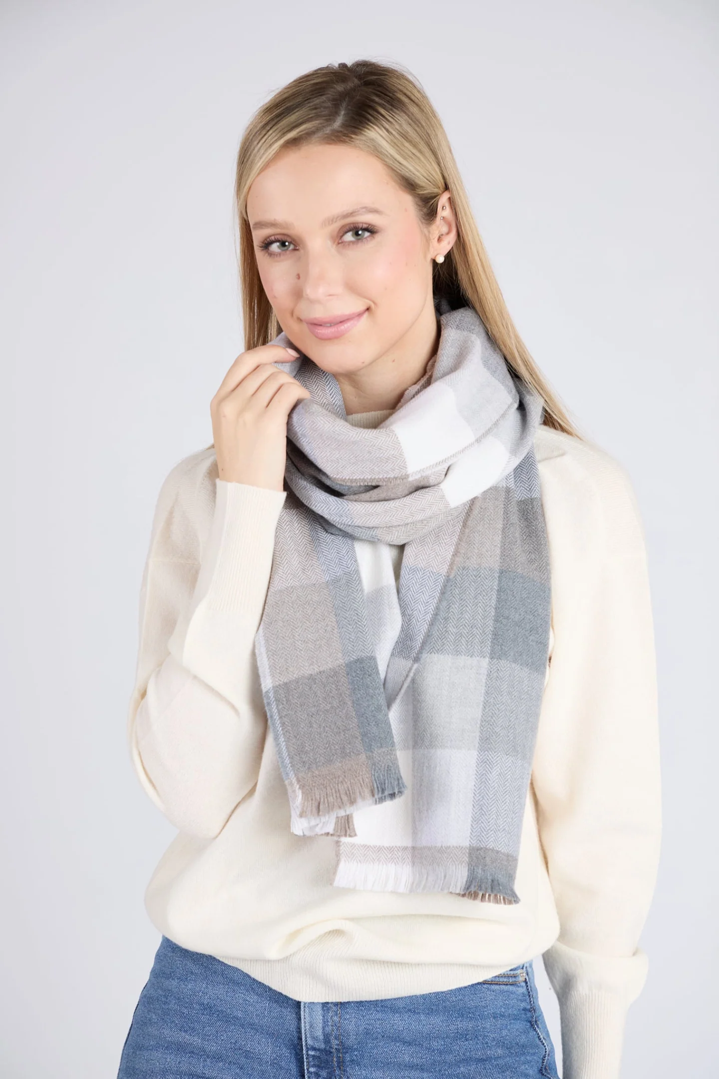 Foxford Mink Block Check Extra-Fine Merino Scarf - Image 4