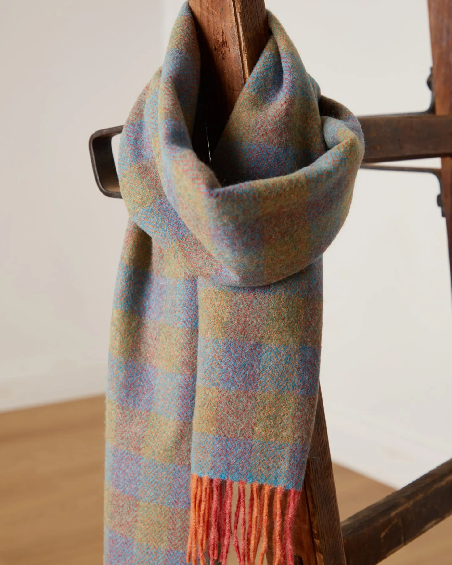 Foxford Orange & Blue Check Lambswool Scarf - Image 3